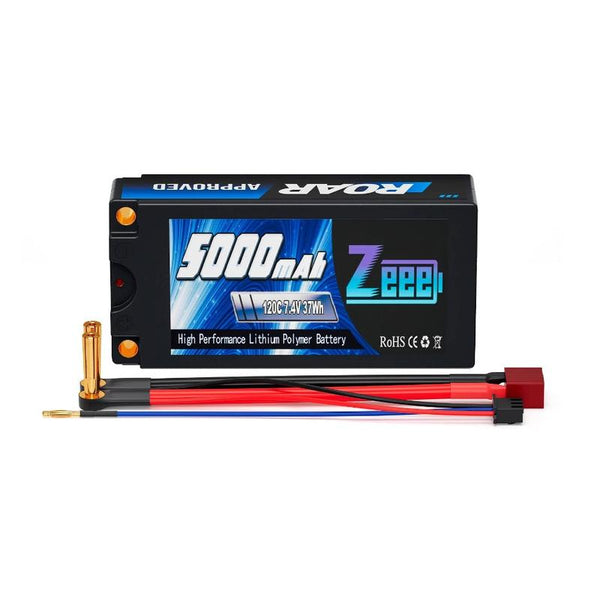 Zeee 2S Shorty Lipo Battery 5000mAh (Roar Approved) 7.4V 120C with 5mm Bullet to Deans Connector Hard Case Battery for 1/10 Scale Vehicles RC Car Trucks Boats RC Models