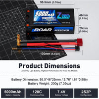 Zeee 2S Shorty Lipo Battery 5000mAh (Roar Approved) 7.4V 120C with 5mm Bullet to Deans Connector Hard Case Battery for 1/10 Scale Vehicles RC Car Trucks Boats RC Models